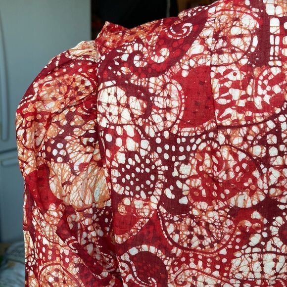 100% Cotton Red Batik Modest High Neck Floor Length Ruffled Maxi Dress Malaysian - Picture 6 of 11